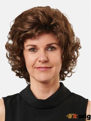 12 inch Monofilament Remy Human Hair Chin Length Brown Curly Bob Wig