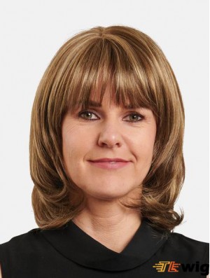 With Bangs Shoulder Length 100% Hand-Tied Blonde Straight 14 inch Human Hair Wig