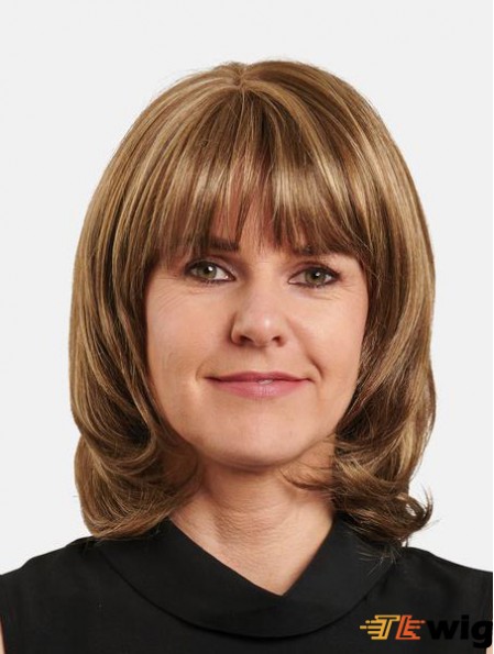 With Bangs Shoulder Length 100% Hand-Tied Blonde Straight 14 inch Human Hair Wig
