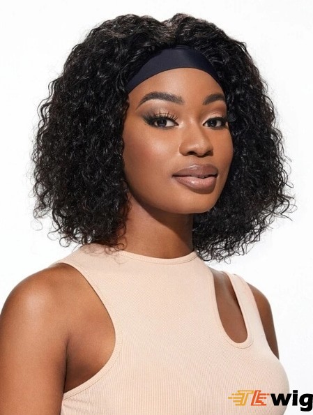 Headband Curly Black Human Hair Wigs