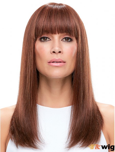 100% Hand Tied Auburn Long Straight With Bangs Wigs For Women