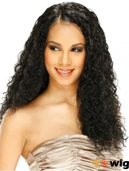 Human Hair Lace Front Wig Curly Style Long Length Black Color