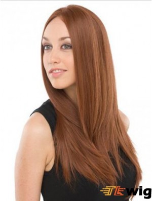 UK Mono Wigs Human Hair With Lace Front Auburn Color Long Length