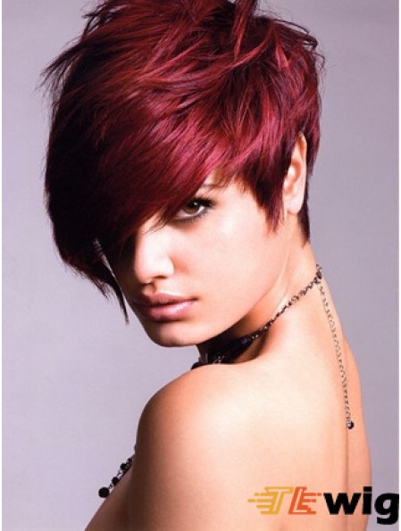 Human Hair Lace Front Wig With Bangs Short Length Red Color