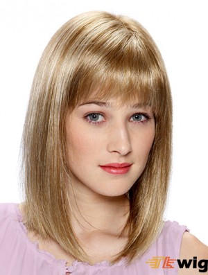 Lace Front Human Hair Wigs Blonde Color Shoulder Length With Bangs