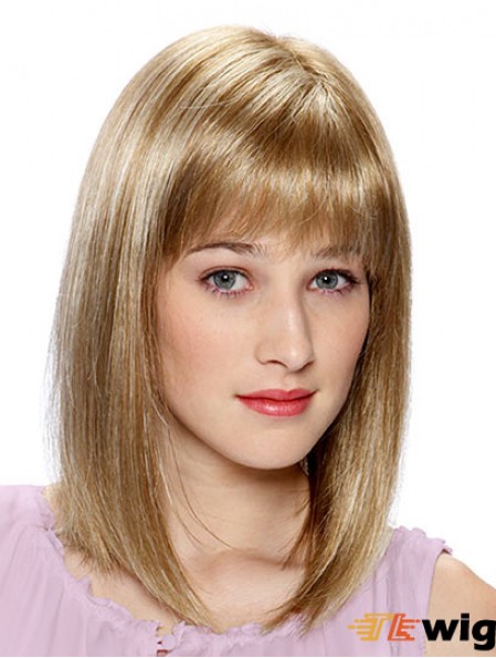 Lace Front Human Hair Wigs Blonde Color Shoulder Length With Bangs