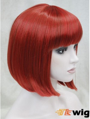 Human Hair Lace Front Wig Chin Length With Bangs Red Color