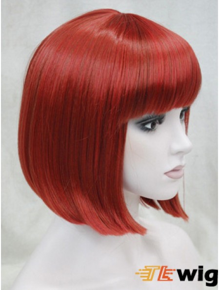 Human Hair Lace Front Wig Chin Length With Bangs Red Color