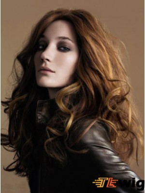 Brown Wavy Long Without Bangs 100% Hand-tied Cheap Womens Wigs