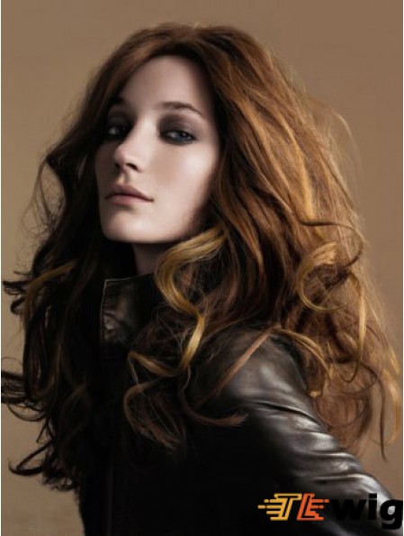 Brown Wavy Long Without Bangs 100% Hand-tied Cheap Womens Wigs