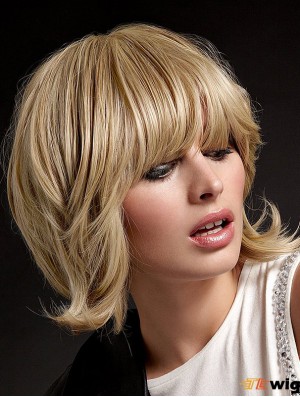 Human Hair Hand Tied Wigs With Bangs Blonde Color Shoulder Length