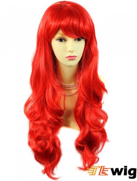 Human Hair Wigs Red With Bangs Capless Wavy Style Long Length