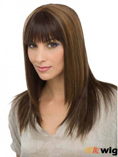 With Bangs Modern Straight Brown Long Human Hair Wigs