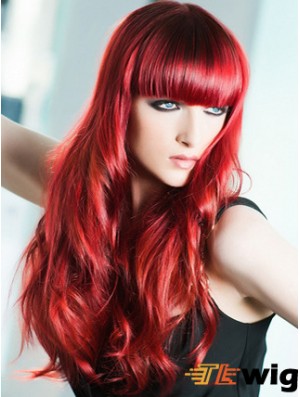 Capless Wavy 22 inch With Bangs Long Red Human Hair