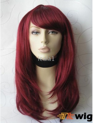 Front Lace Wig With Bangs Long Length Straight Style Red Color
