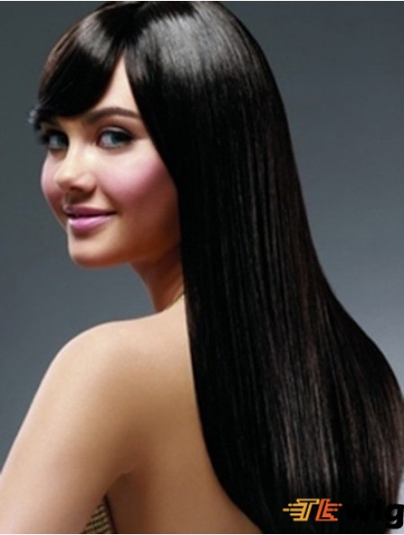 22 inch Black Long With Bangs Yaki Hairstyles Lace Wigs