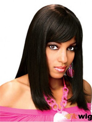Full Human Hair Wigs With Bangs Full Lace Shoulder Length Black Color
