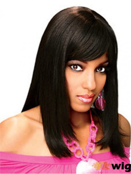 Full Human Hair Wigs With Bangs Full Lace Shoulder Length Black Color