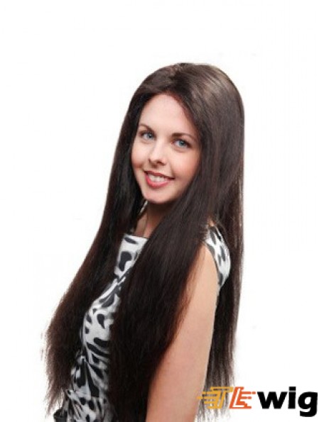 Straight Without Bangs 100% Hand-tied Sleek 26 inch Black Long Wigs