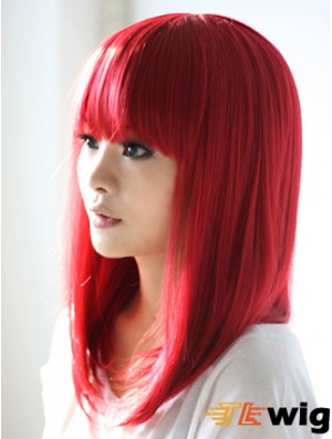 Red Synthetic Wigs With Bangs Shoulder Length Straight Style