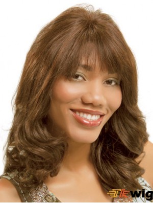 Wavy Monofilam Brown With Bangs Long Cheap Monofilament Wigs