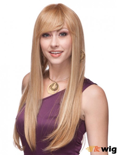 Straight With Bangs Monofilament Blonde Top Long Wigs
