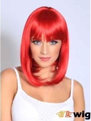 Straight With Bangs Shoulder Length Red Fashionable Lace Front Wigs