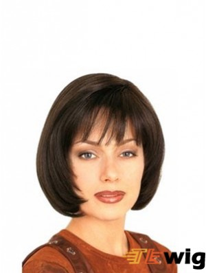With Bangs Durable Straight Brown Chin Length Human Hair Wigs