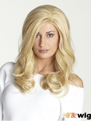 Without Bangs Long Blonde Wavy 18 inch Perfect Human Hair Wigs