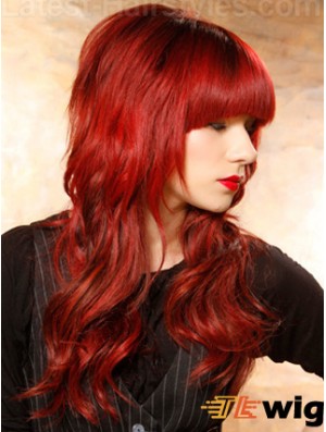 Human Hair Red Wigs Wavy Style Long Length With Bangs