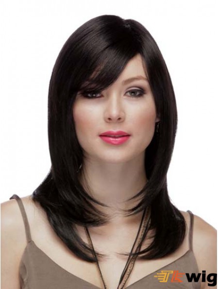Straight Layered 100% Hand-tied High Quality 16 inch Black Long Wigs