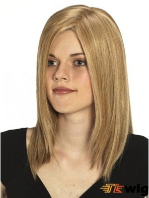 Without Bangs No-Fuss Straight Blonde Long Human Hair Wigs