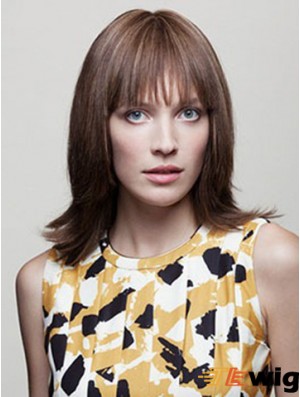 With Bangs Shoulder Length Brown Wavy 14 inch Comfortable Human Hair Wigs