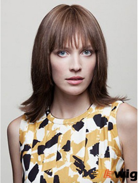 With Bangs Shoulder Length Brown Wavy 14 inch Comfortable Human Hair Wigs