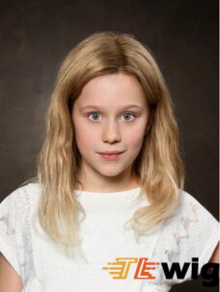 Lace Front 12 inch Wavy Shoulder Length Without Bangs Blonde Remy Human Hair Kids Wigs