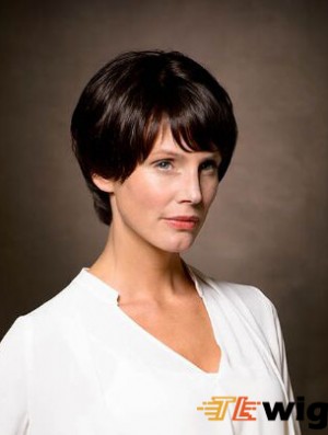 100% Hand-tied Remy Human Hair 8 inch Short Straight Brown Layered Wigs For Women With Cancer