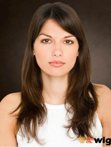 Monofilament Remy Human Hair 16 inch Long Straight Brown Without Bangs Hair For Cancer
