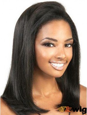 Cheap Human Hair Lace Front Wigs Yaki Style Shoulder Length Black Color