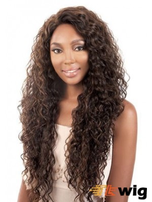 Long Brown Kinky Without Bangs Durable African American Wigs