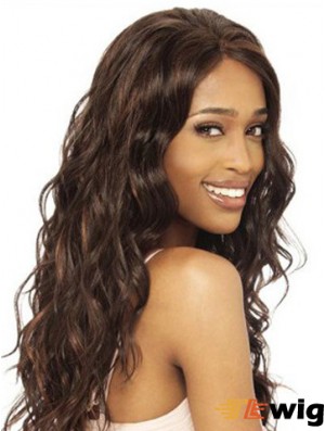 Without Bangs Modern Wavy Brown Long Human Hair Lace Front Wigs
