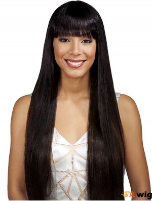 Long Black With Bangs Yaki Fashionable Full Lace Wigs