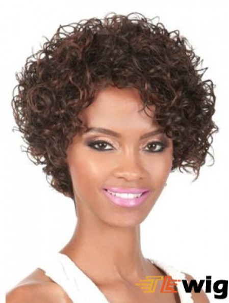 Chin Length Brown Curly With Bangs Natural African American Wigs