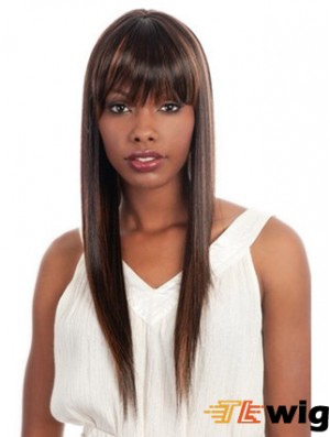 Long Brown Yaki With Bangs Fashionable African American Wigs