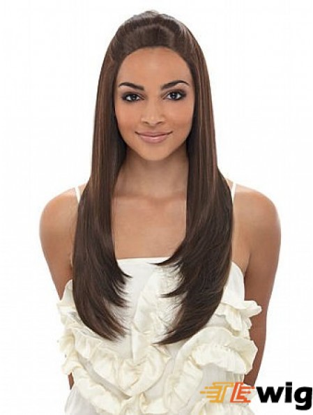 Long Brown Straight Without Bangs Fashionable African American Wigs