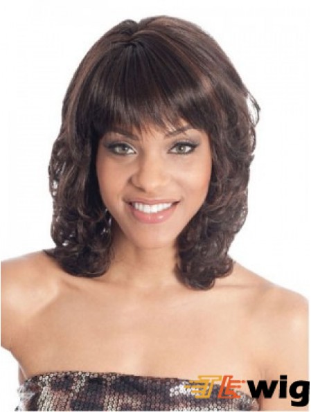Shoulder Length Brown Wavy With Bangs Fashion African American Wigs