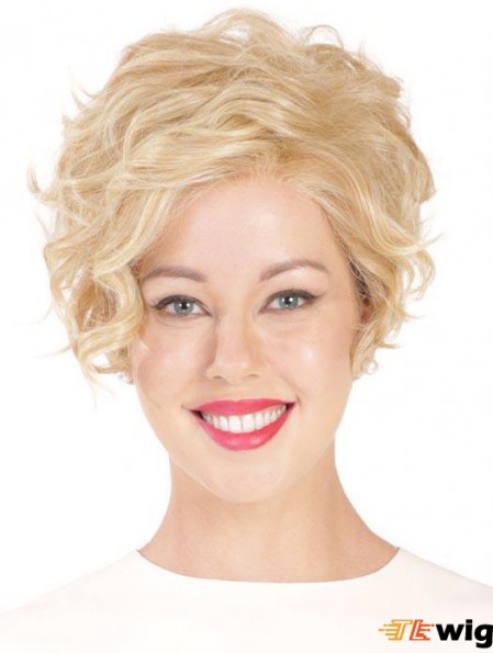 Synthetic Flexibility Cropped Blonde Curly Monofilament Wigs