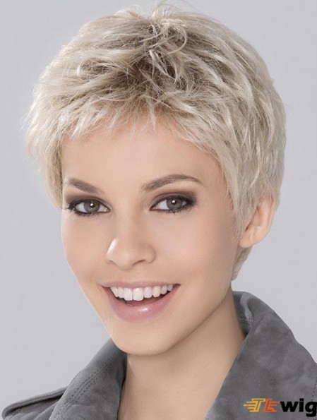 Synthetic Wavy Cropped Platinum Blonde Wigs