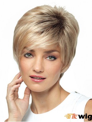 Synthetic Short Ladies Wig With Bangs Short Length Blonde Color