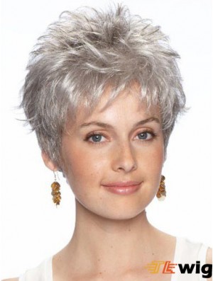 Short Grey Wig With Synthetic Lace Front Wavy Style Grey Cut
