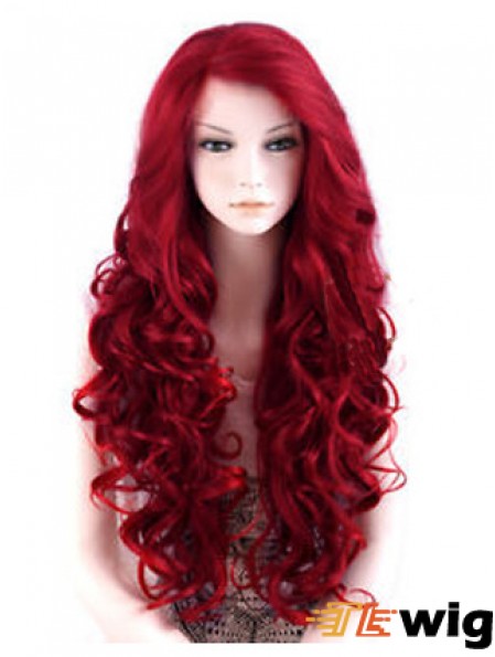 24 inch Red Long Wavy Large Cap Synthetic Lace Front Wigs